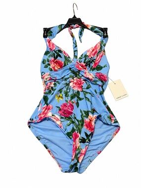 Gibson Latimer Sky Blue Floral Halter One-Piece Swimsuit